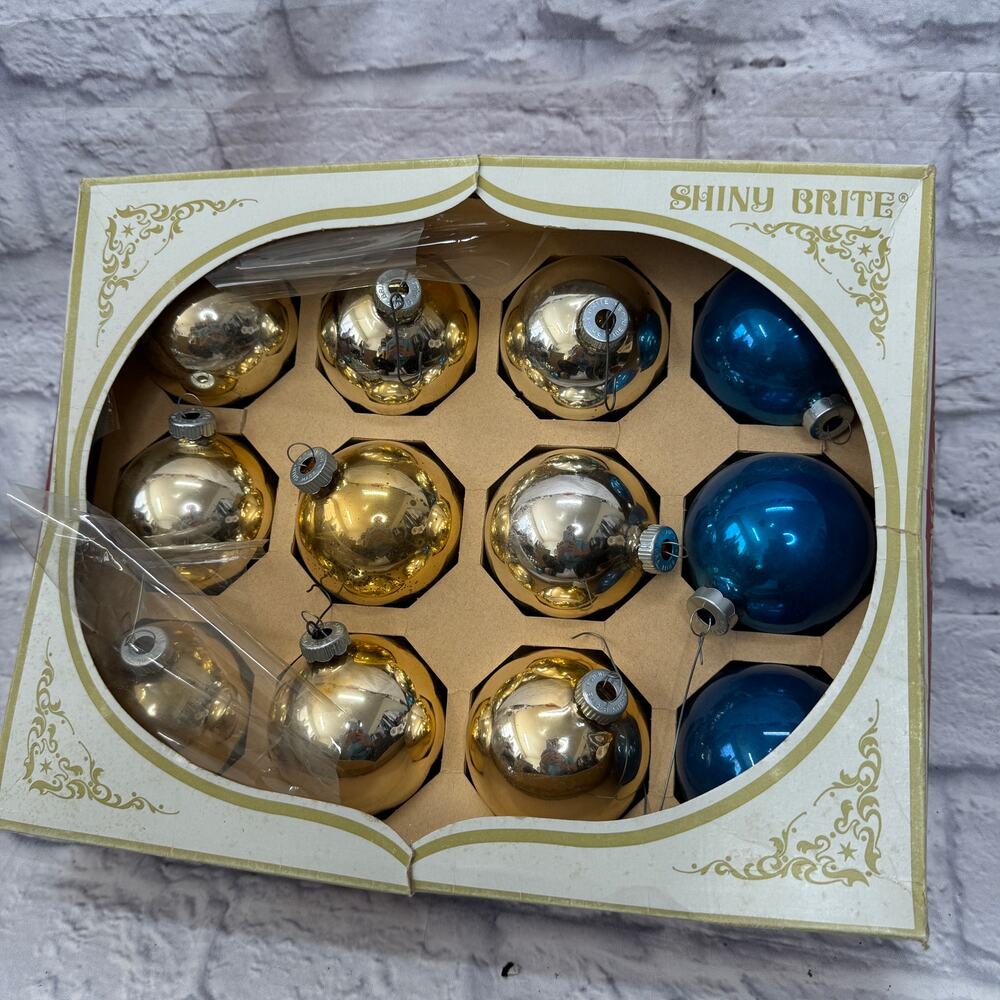 Vintage Lot of 12 Shiny Brite Bulbs Gold and Blue Glass 3" Made in USA